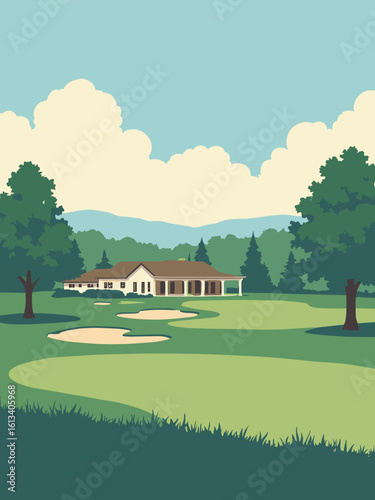 Palatine, IL – Palatine Hills Golf Course fairways and clubhouse in fairway green, club cream, sky blue, and bench brown