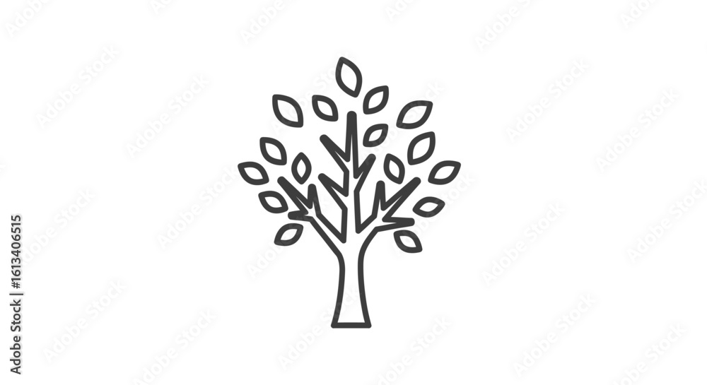 Obraz premium Simple line drawing of a tree with leaves, featuring a trunk and branches against a white background.