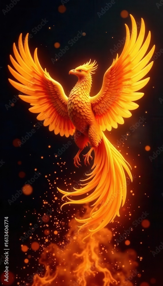 Fiery phoenix rising from flames, black background, feather, heat Fiery phoenix rising from flames, black background, feather, heat