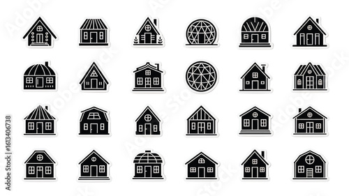 Collection of Black and White House Icons Depicting Various Architectural Styles for Real Estate and Design Projects