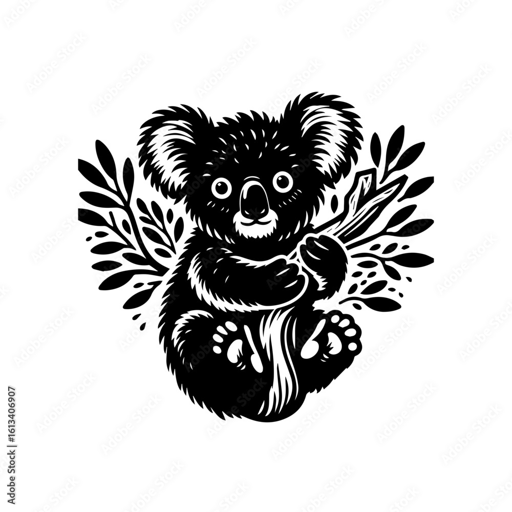 Obraz premium A cute koala bear is isolated on white background in black and white