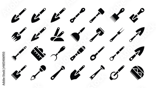 Collection of Black Gardening Tools Icons and Elements Representing Various Garden Implements for Planting and Cultivating Soil