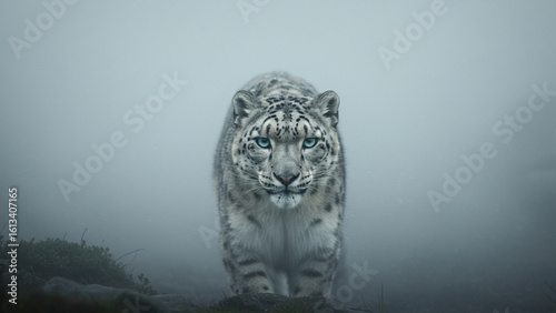 Majestic snow leopard emerging from mountain fog, piercing blue eyes, mystical atmosphere