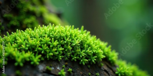 Lush green moss thriving on textured pine bark , close-up, summer, flora