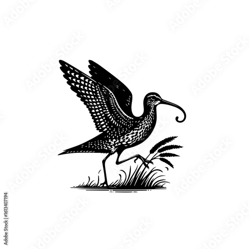A curlew bird takes flight isolated on white background in black and white