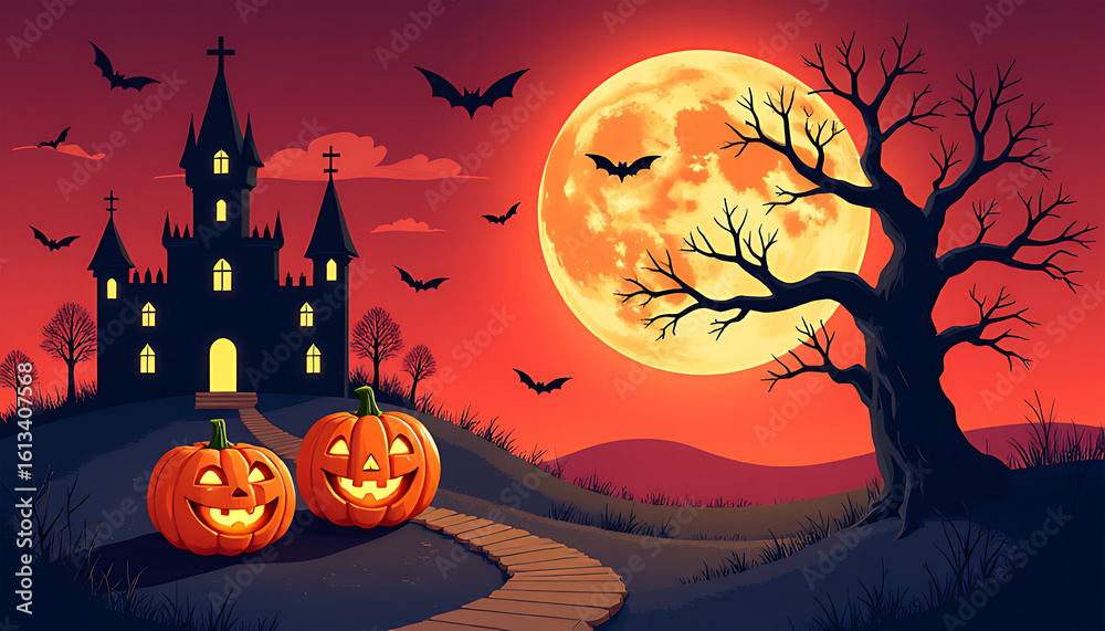 Fototapeta premium Spooky halloween night with haunted castle full moon and jack o lanterns