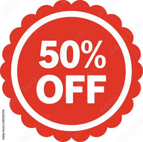 A red price tag shows an offer of fifty percent discount clearly