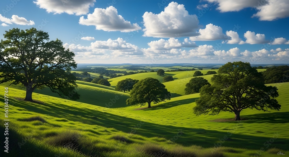 Obraz premium Rolling green hills with large oak trees under a blue sky