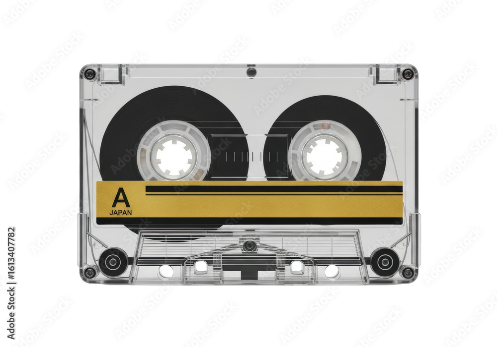 Naklejka premium Vintage audio cassette tape with transparent casing, dark magnetic tape, gold and black label with 'A' and 'JAPAN', isolated on a transparent background, concept of retro technology and nostalgia