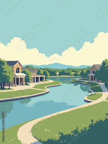 Bolingbrook, IL – Hidden Lakes park and shopping promenade in lake blue, promenade gray, lawn green, and sky gold