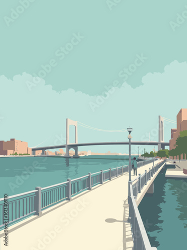 Bayonne, NJ – Bayfront walkway and Bridge in bridge gray, bay teal, walkway white, and city brown