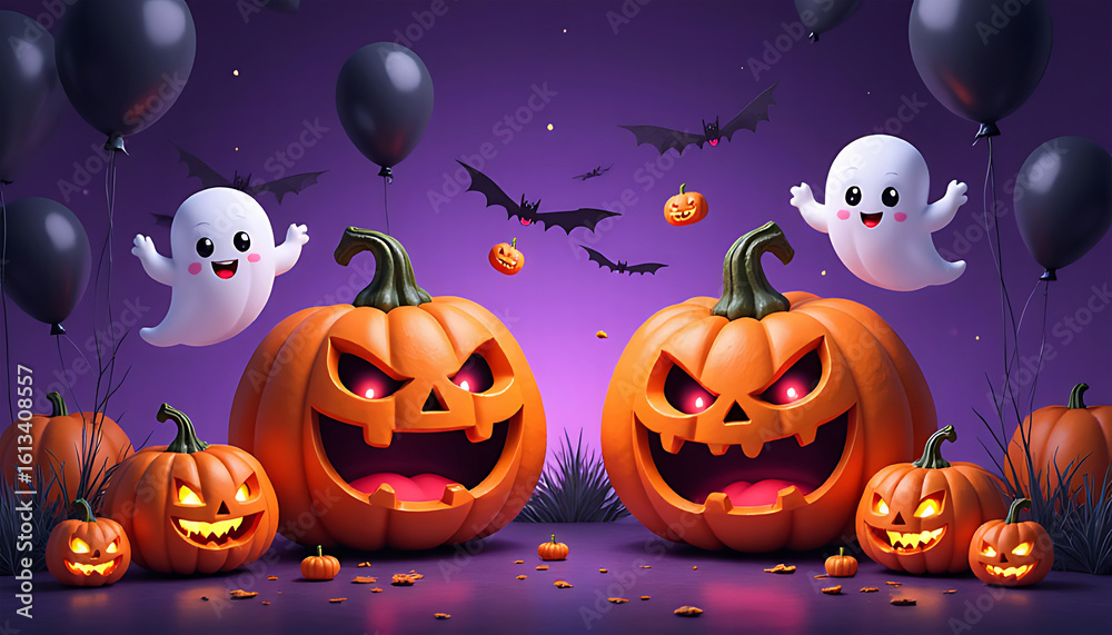 Spooky halloween scene with carved pumpkins ghosts and bats against a purple background Spooky halloween scene with carved pumpkins ghosts and bats against a purple background