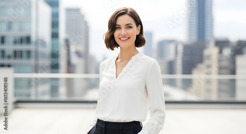 Free Download Woman in white blouse smiling with city buildings background - GFXLoad