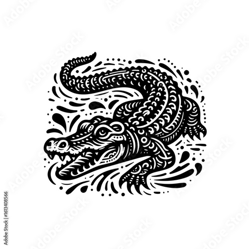A formidable alligator lurking in the water isolated on white background