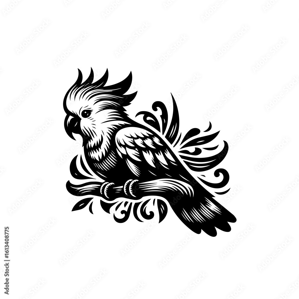 Obraz premium A cockatoo perches gracefully on a branch, isolated on white background