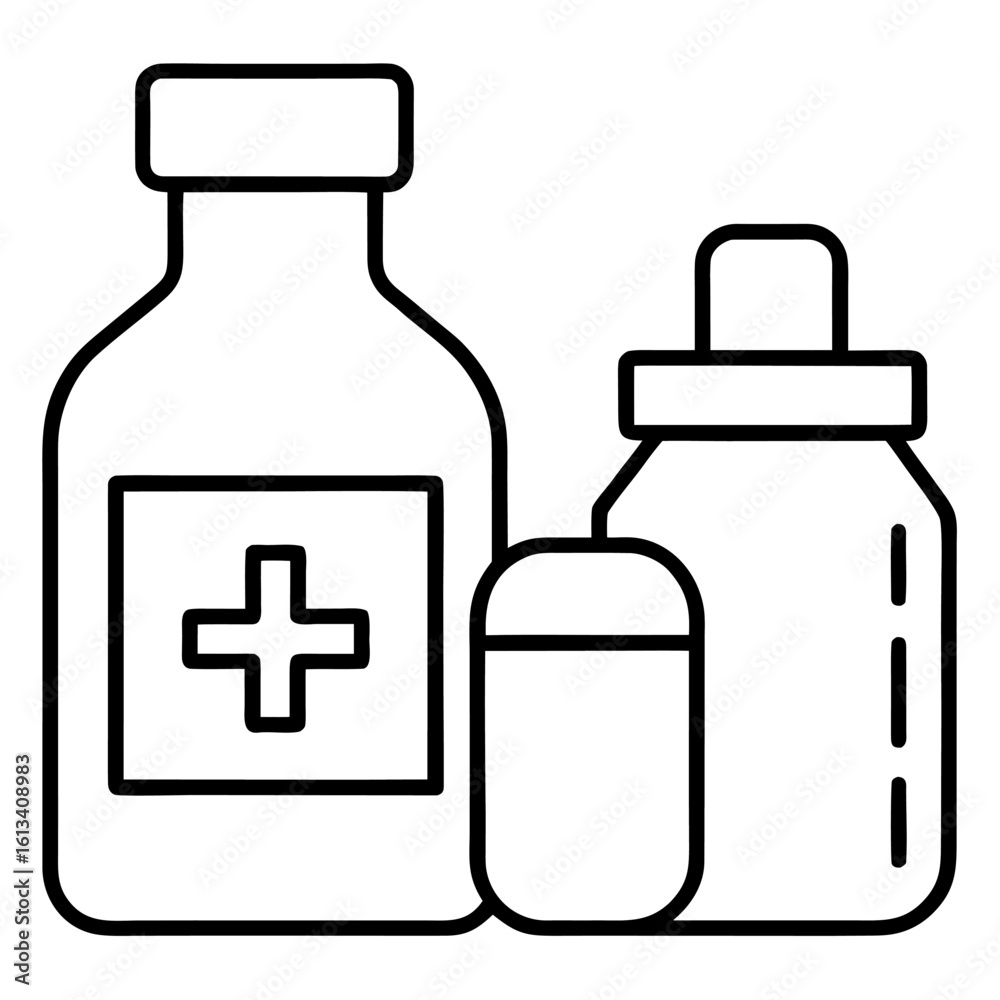 Obraz premium Medical Pill bottle glass drink alcohol water and plastic bottle icon line art vector Illustrations on white background.