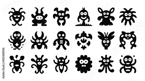 Collection of Cartoon Monsters and Aliens in Black Silhouette with Various Shapes and Expressions for Graphic Design Projects