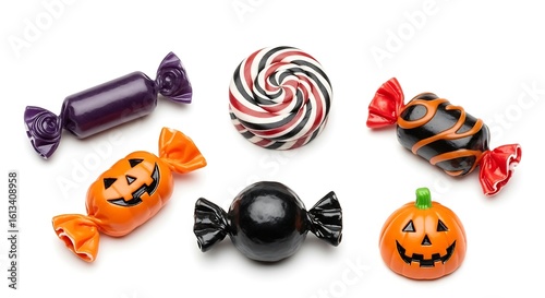 A halloween candy assortment featuring pumpkin shapes and wrapped sweets on a white background surface