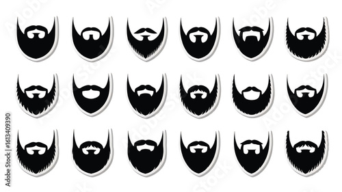 Diverse Collection of Black Beard and Moustache Styles Representing Masculinity and Grooming Options on White Background
