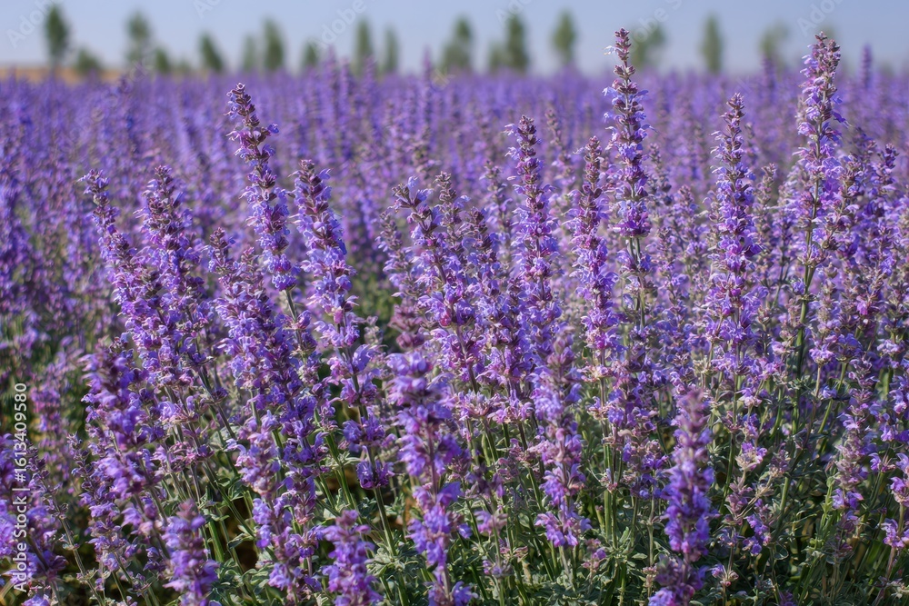 Naklejka premium Field of Blooming Purple Salvia Flowers.