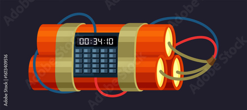 TNT. dynamite box, cartridge fuse belt, red detonators stick burning cable. vector cartoon item.