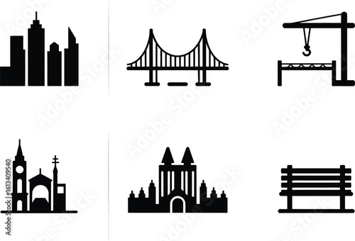 A collection of city infrastructure and architectural icons in black silhouette