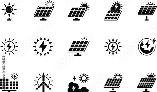 Illustration of various solar panel and renewable energy source icons in black