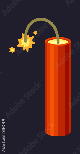 TNT. dynamite box, fuse cartridge belt, red detonators stick burning cable. vector cartoon item.