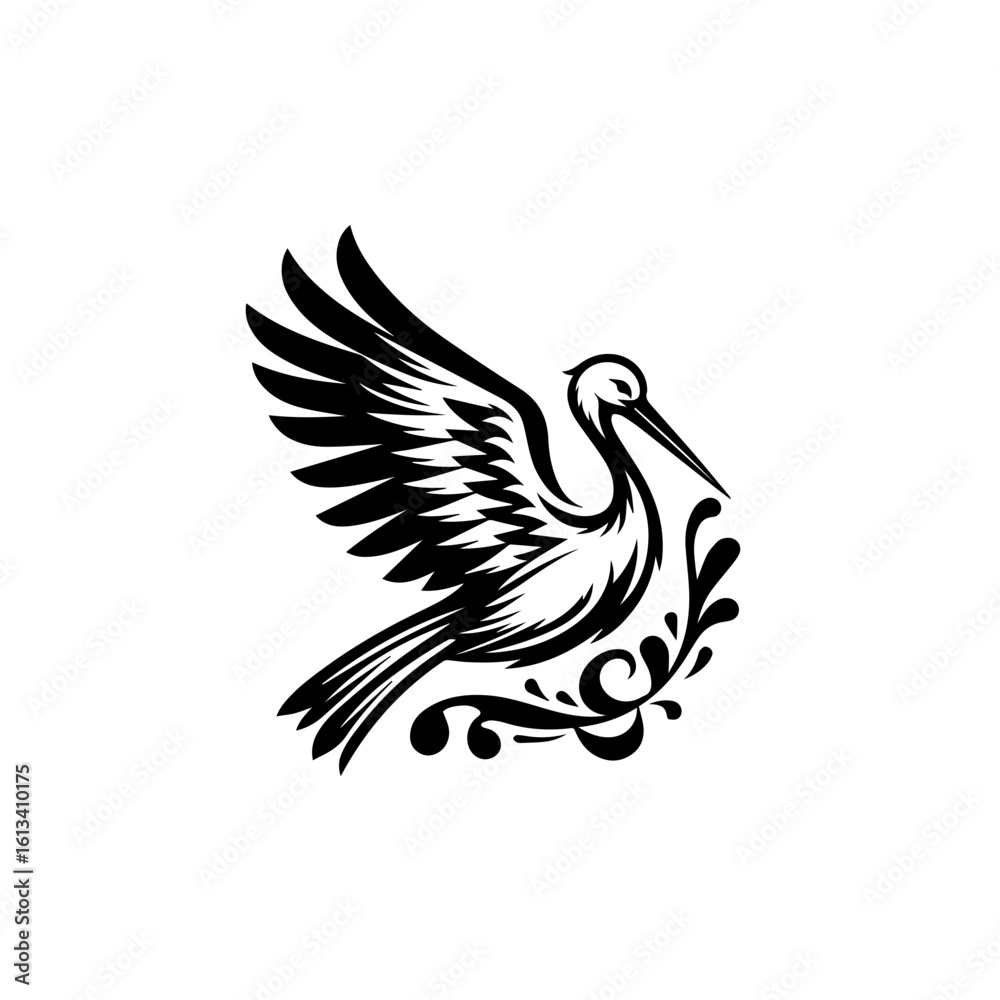 Obraz premium Elegant stork with ornate wings isolated on white background