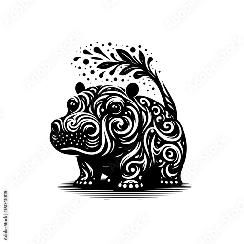 A whimsical hippo with decorative swirls isolated on white background