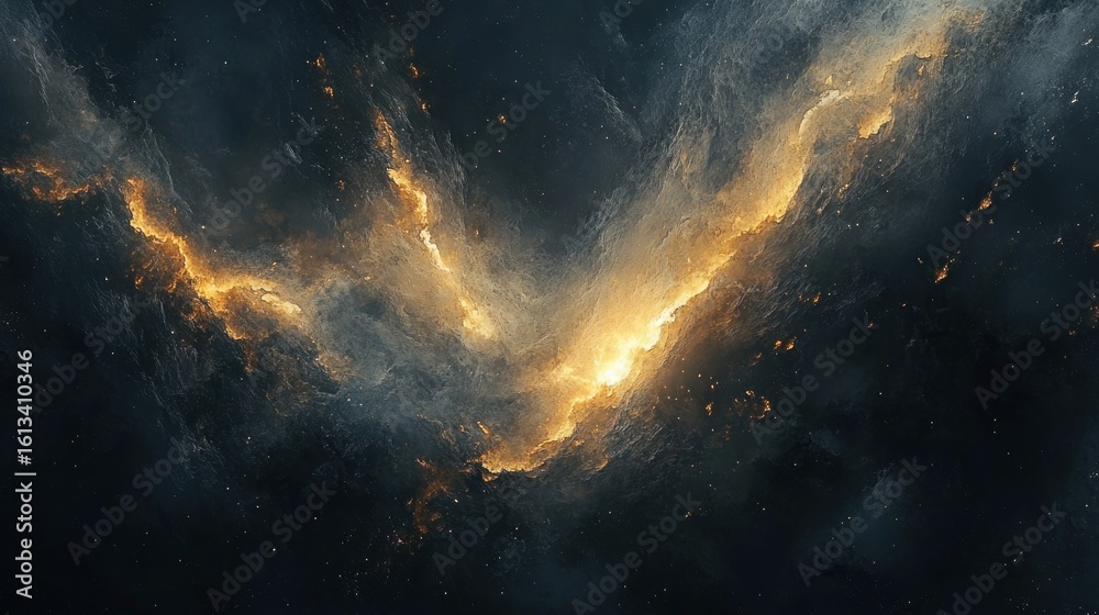 Obraz premium A powerful and dramatic abstract background with glowing gold and silver streaks cutting through a dark, smoky backdrop, creating a high-contrast, opulent visual