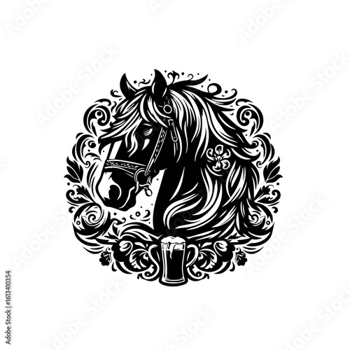 A horse with beer glass isolated on white background