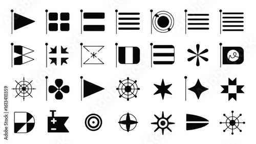 Collection of Nautical Flags and Maritime Symbols for Marine Communication and Naval Signaling Set in Vector Design