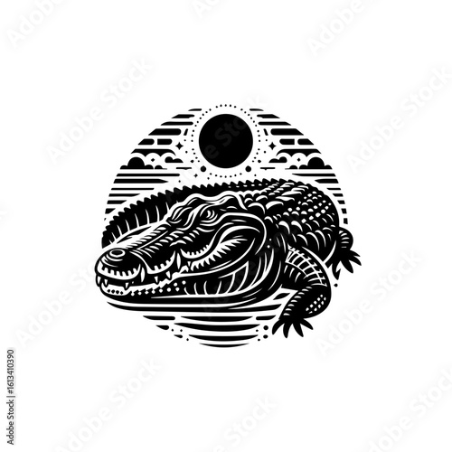 An alligator in the swamp isolated on white background