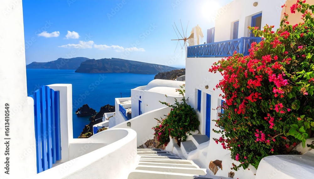Fototapeta premium Picturesque Santorini Village Scene with White Buildings Blue Accents and Ocean View in Greece