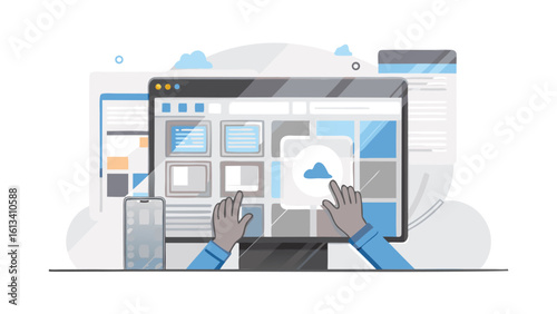 Illustration of a desktop computer with a cloud icon and a smartphone next to it on a white background