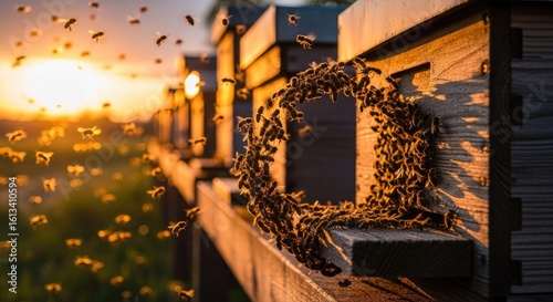 Bees Entering Hive at Sunset