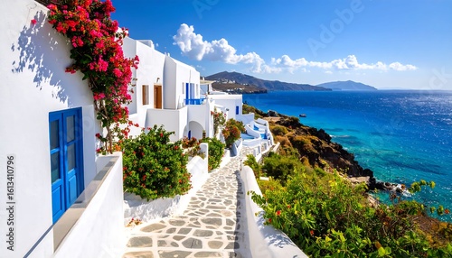 Fototapeta Naklejka Na Ścianę i Meble -  Picturesque Mykonos street with white buildings bougainvillea and turquoise sea on a sunny day