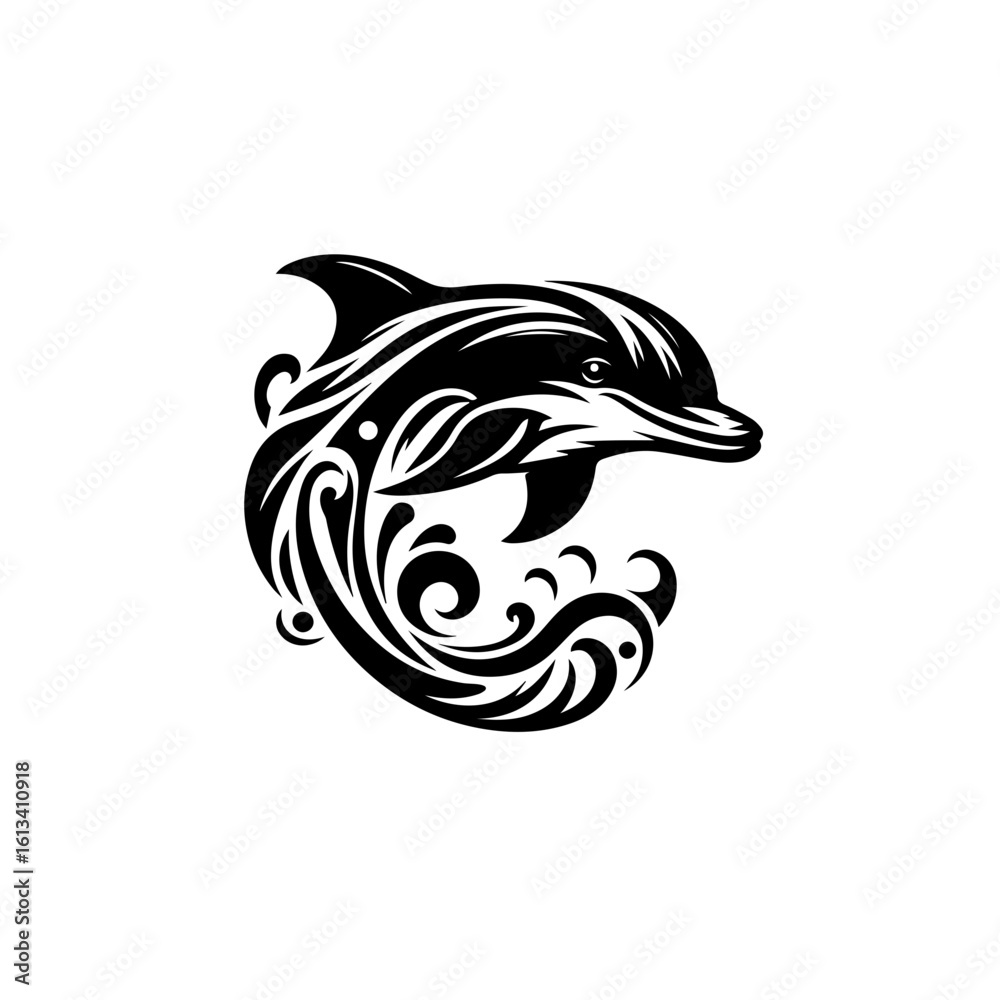 Obraz premium A black and white illustration of a dolphin with wave, isolated on white background