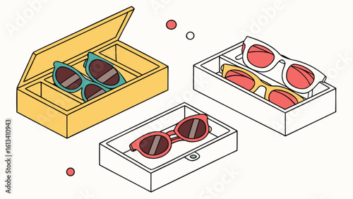 Stylish sunglasses collection in boxes vector art illustration for fashion accessories and summer eyewear trends