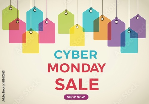 Brightly colored sale tags announcing a cyber monday shopping event