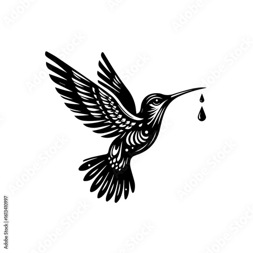 A hummingbird flies with a drop of nectar, isolated on white background