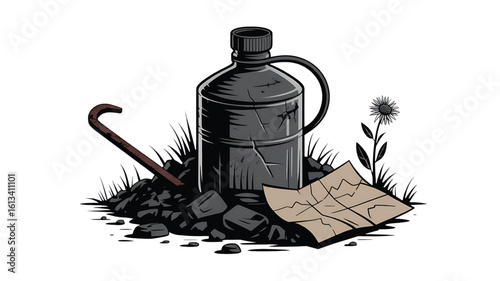 Vector illustration of post apocalyptic survivor kit with crowbar map canister and flower in a desolated environment