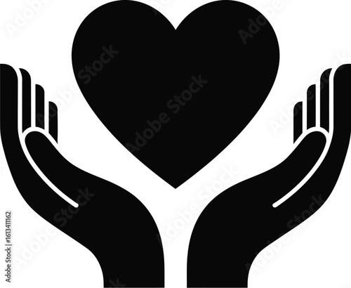 Caring hands gently holding a black heart symbol, representing love, compassion, and support.