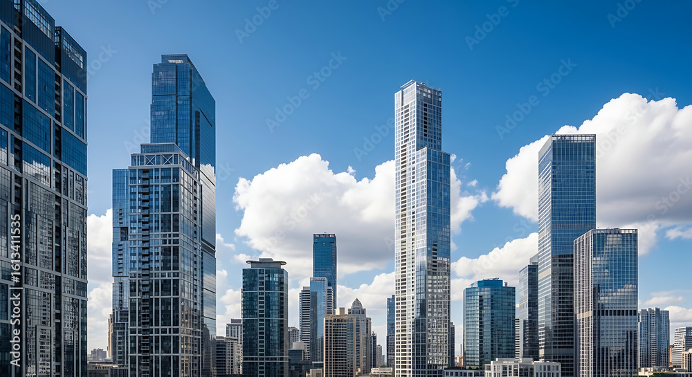 Obraz premium Modern skyscrapers pierce a partly cloudy Chicago skyline on a sunny day.