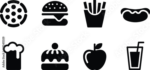 Collection of popular fast food and drink icons, including pizza, burger, fries, hot dog, beer, cake, apple, and juice.