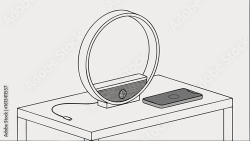Modern led ring lamp speaker with wireless phone charger on nightstand furniture home decor illustration