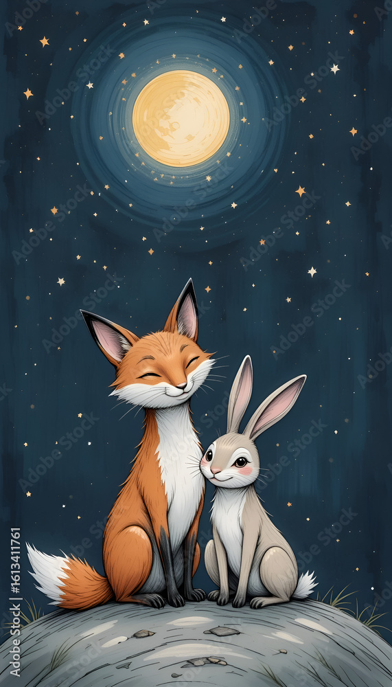 Fototapeta premium A Starry Night Embrace: Woodland Friends Under the Lunar Glow