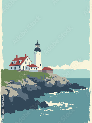 Portland, ME – Portland Head Light on rocky shore in beacon white, granite gray, sea green, and tide blue