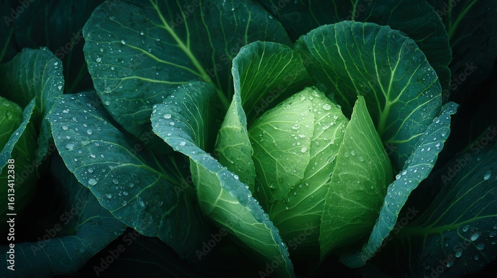 Obraz premium Fresh Green Cabbage with Raindrops on Leaves in Natural Setting